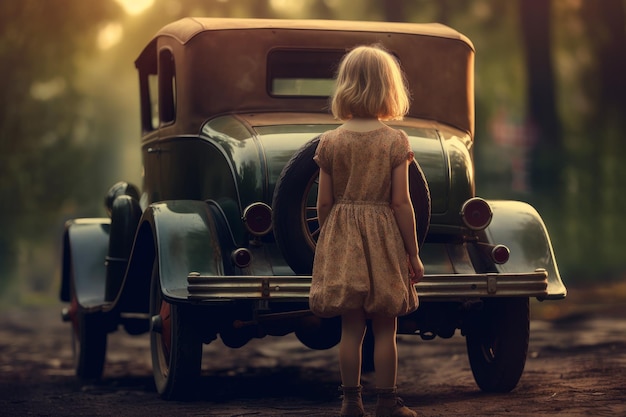 Une fille américaine regarde une vieille voiture Generate Ai