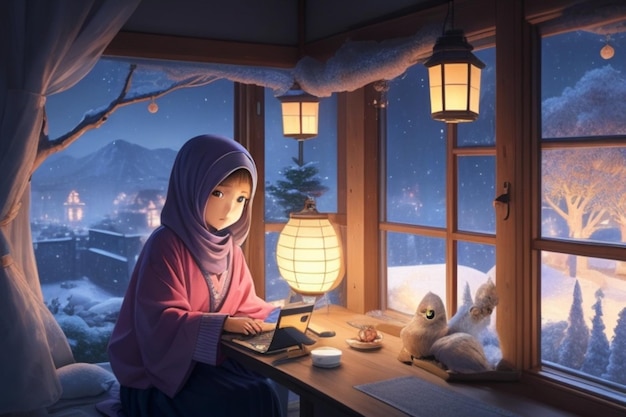 Fille d'animation sur le thème du Ramadan sur un ordinateur portable dans sa chambre confortable, vue d'hiver depuis la fenêtre