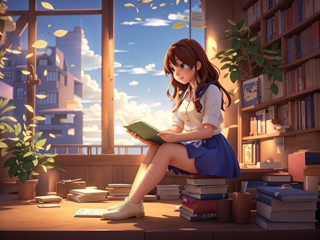 une fille d'anime 3D lisant un livre dans une bibliothèque avec des livres en arrière-plan