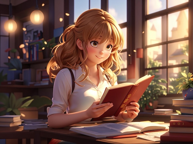 une fille d'anime 3D lisant un livre dans une bibliothèque avec des livres en arrière-plan