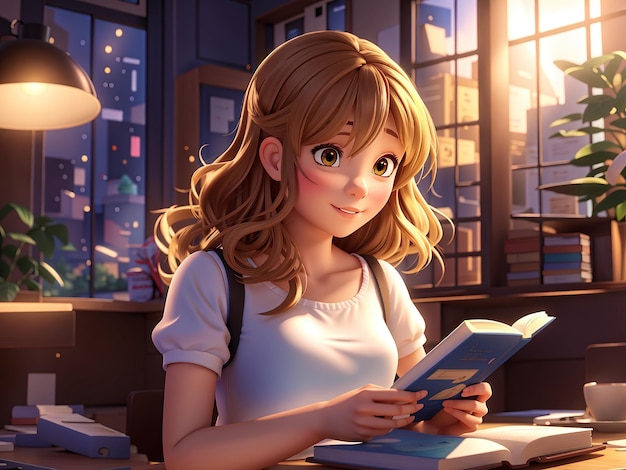une fille d'anime 3D lisant un livre dans une bibliothèque avec des livres en arrière-plan
