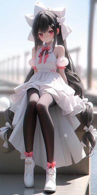 une fille d'anime assise sur un banc avec un nœud rose et une robe blanche