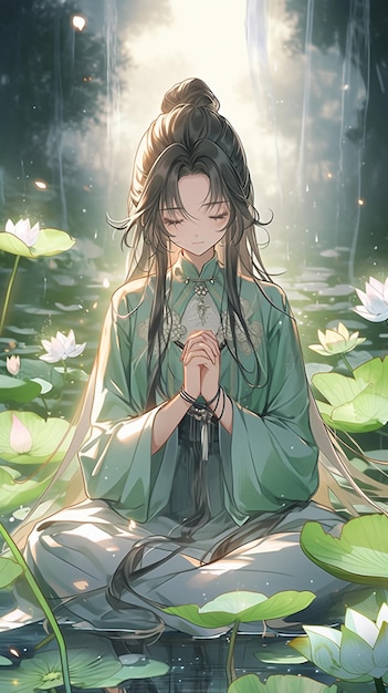 une fille d'anime assise en position de lotus dans l'eau avec des fleurs de lotus