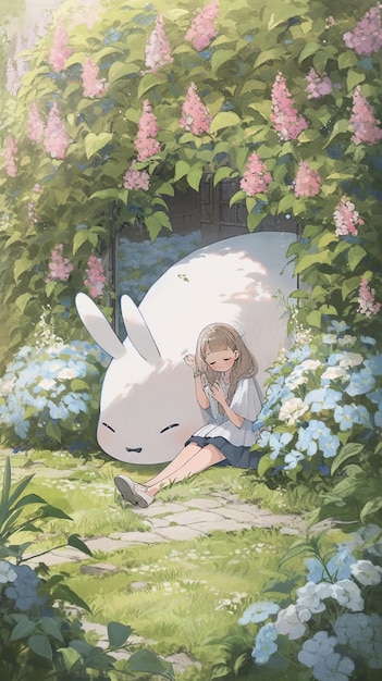 une fille d'anime assise sur le sol avec un lapin blanc en arrière-plan