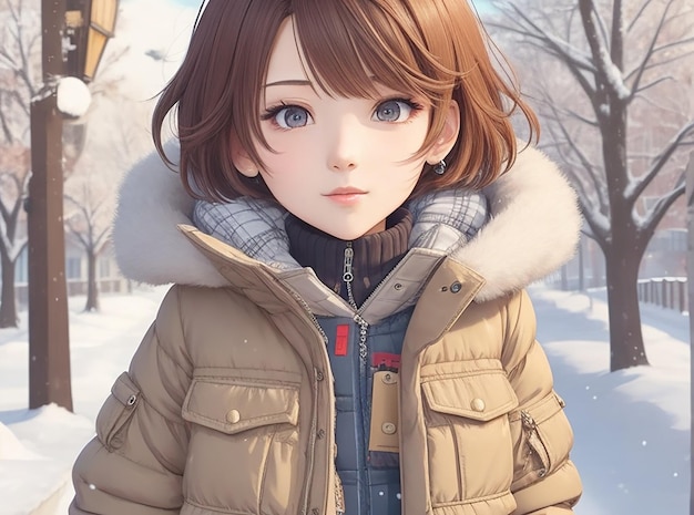 Une fille anime aux cheveux courts portant un dessin animé de vêtements d'hiver