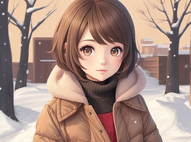 Une fille anime aux cheveux courts portant un dessin animé de vêtements d'hiver