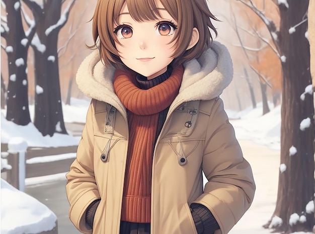 Une fille anime aux cheveux courts portant un dessin animé de vêtements d'hiver
