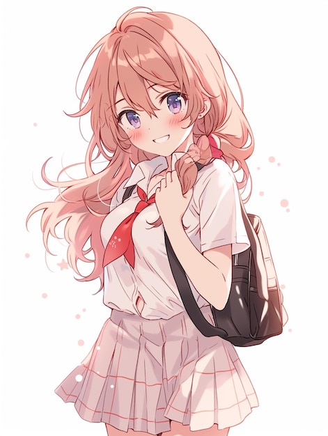 une fille d'anime aux cheveux longs et en uniforme scolaire tenant un sac à main