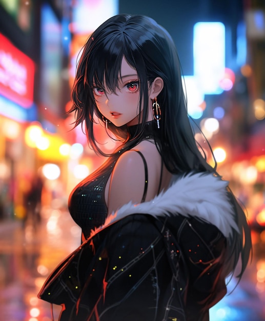 Une fille d'anime aux cheveux noirs dans la ville la nuit.