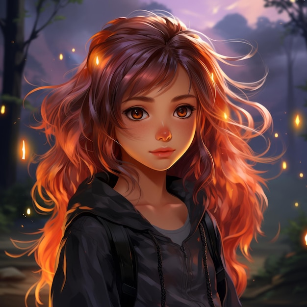 une fille anime aux longs cheveux rouges debout devant une forêt