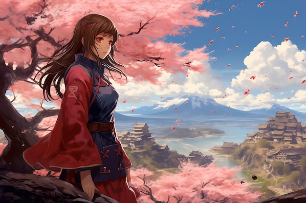 Une fille d'anime aventureuse se lance dans une quête dans un pays rempli de cerisiers en fleurs.