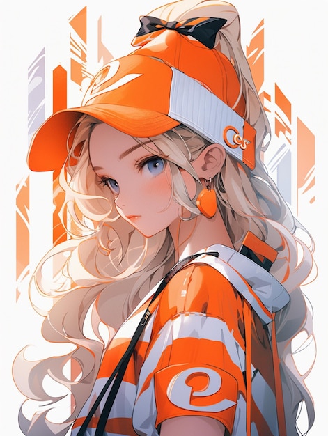 fille d'anime avec un chapeau orange et une chemise orange et un sac à main noir