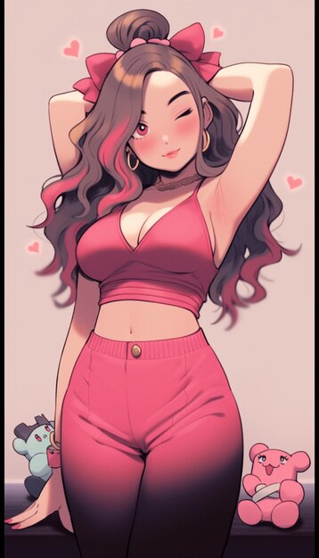 une fille d'anime avec des cheveux roses et un haut rose et un pantalon rose