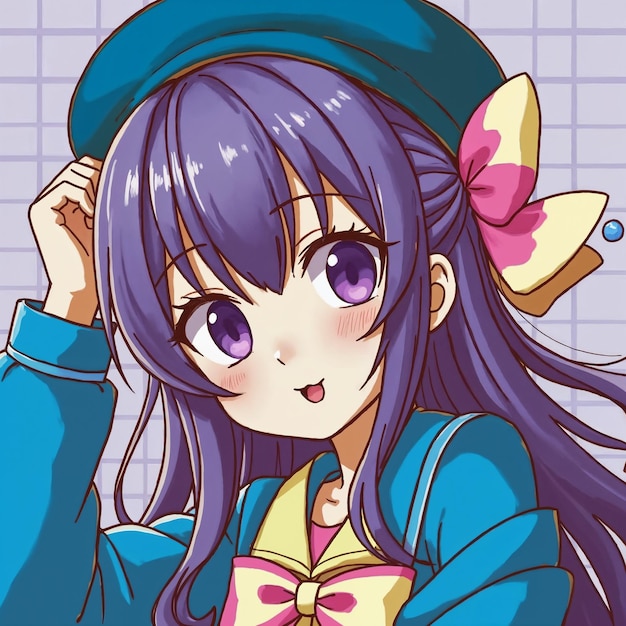 Une fille d'anime avec des cheveux violets et un chapeau bleu
