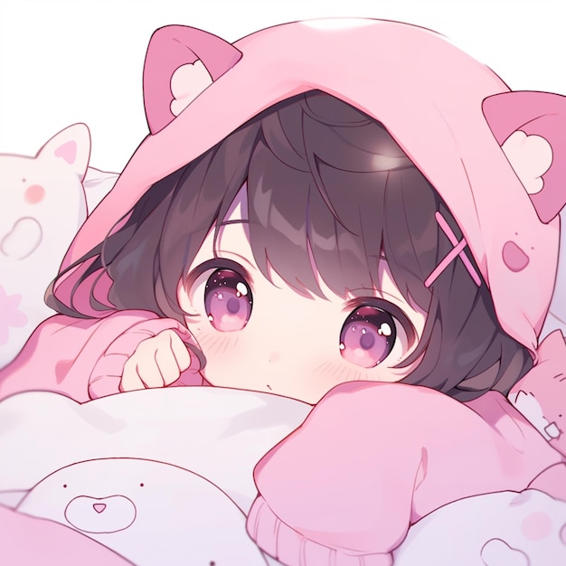 une fille d'anime en costume de chat rose allongée dans un lit avec une couverture rose