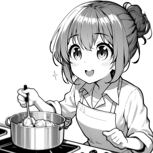 Photo une fille d'anime cuisinant dans une cuisine avec un tablier qui dit qu'elle cuisine