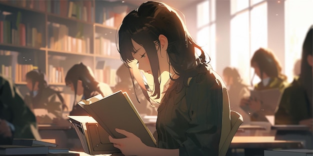 une fille d'anime dans la bibliothèque