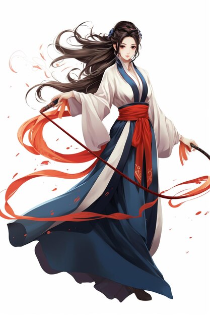 une fille d'anime dans une robe bleu et blanc avec un ruban rouge