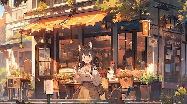 une fille d'anime debout devant un café avec un chat et un chat assis sur le trottoir