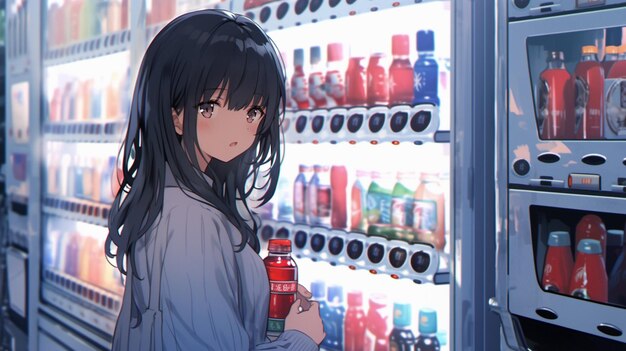 Photo une fille d'anime debout devant un distributeur automatique avec un soda génératif