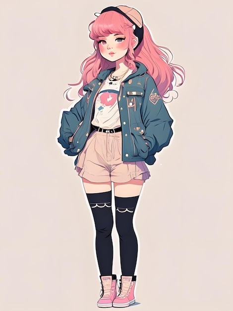 fille anime dessinée à la main avec un style de mode harajuku