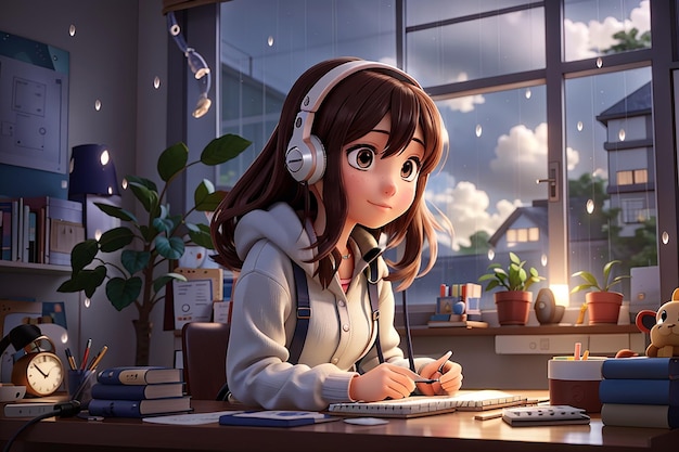 une fille d'anime écoutant de la musique et étudiant dans sa chambre pendant qu'il pleut