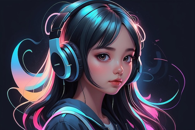 Une fille d'anime écoute de la musique sur des écouteurs portrait d'une adolescente illustration IA générative