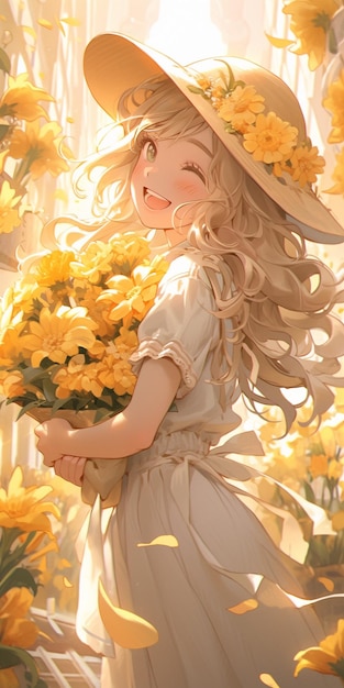 Fille d'anime avec des fleurs jaunes dans une robe blanche et un chapeau