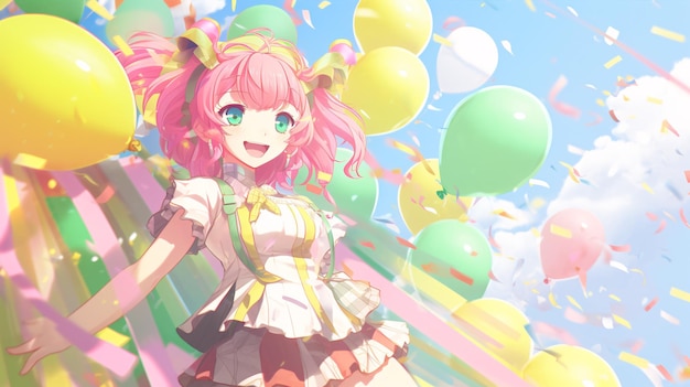 Une fille d'anime joyeuse avec des cheveux roses vibrants et une expression ludique avec des ballons