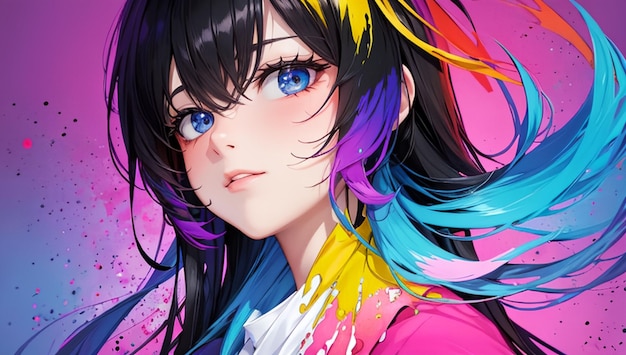 Fille anime kawaii et fond de peinture colorée