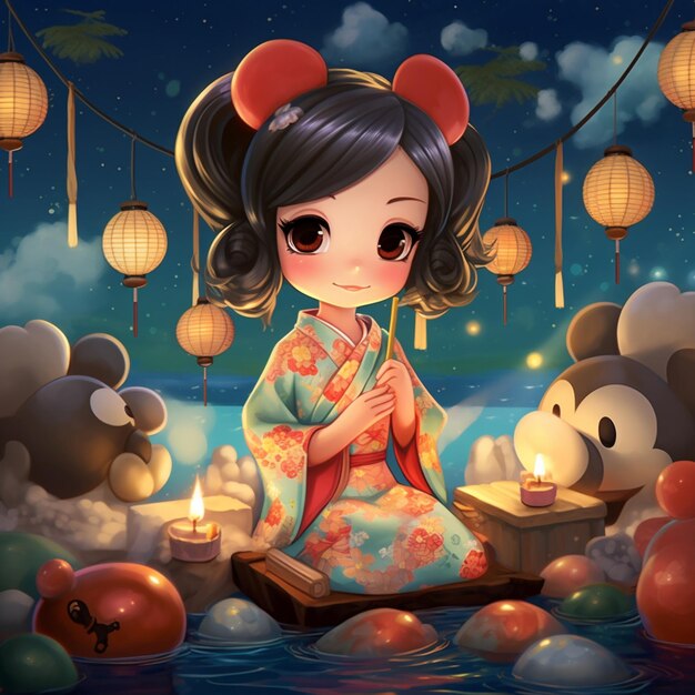 Une fille d'anime en kimono assise sur une plate-forme flottante avec des bougies.