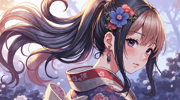 Fille d'anime en kimono avec une queue de cheval et une fleur de cheveux