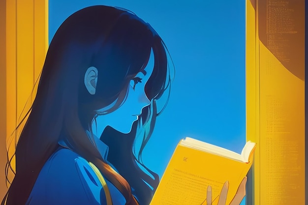 Une fille d'anime lisant un livre assise dans une chaise de livres