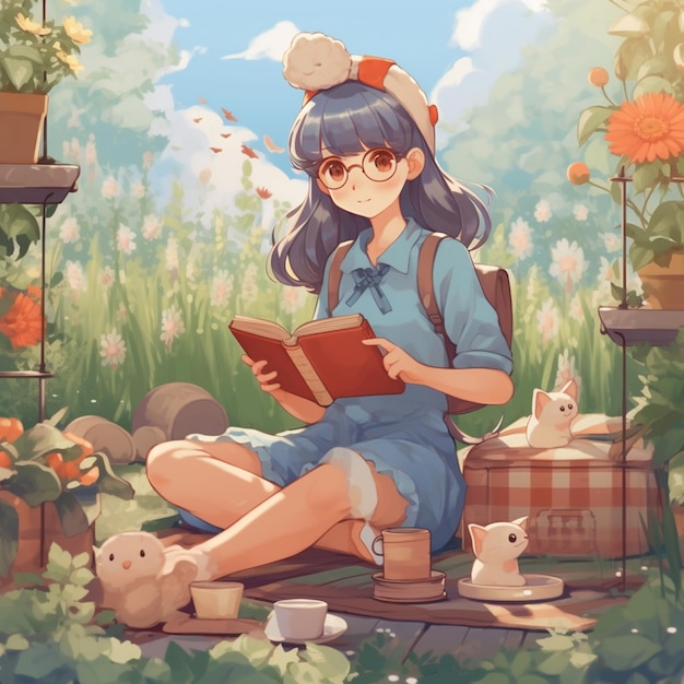 une fille d'anime lisant un livre dans un jardin avec des chats