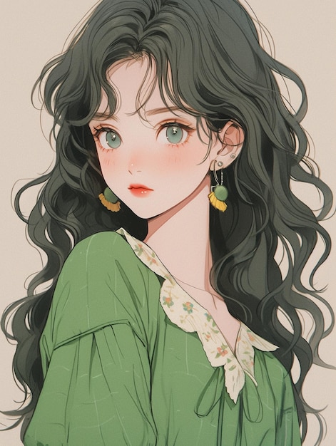 fille d'anime avec de longs cheveux noirs et un chemisier vert avec des boucles d'oreilles