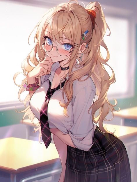 Une fille d'anime avec des lunettes et une cravate posant dans une salle de classe