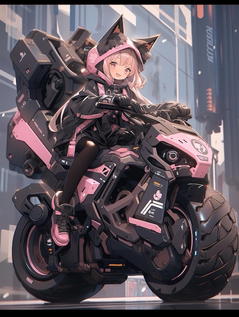 une fille d'anime sur une moto dans une ville futuriste