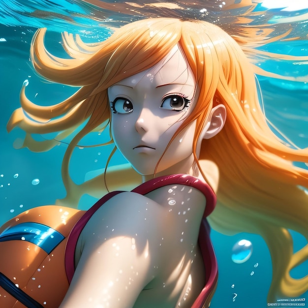 Photo une fille anime nage dans l'eau et a le mot 