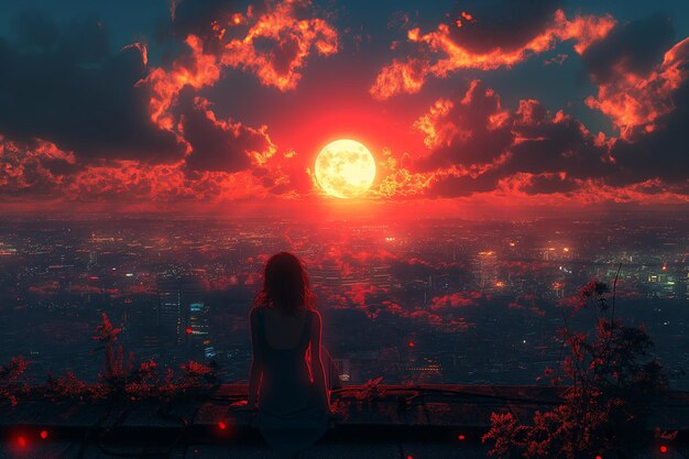 Une fille d'anime observe la ville au coucher du soleil.