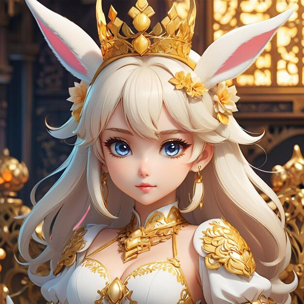 Une fille d'anime avec des oreilles de lapin et une couronne d'or