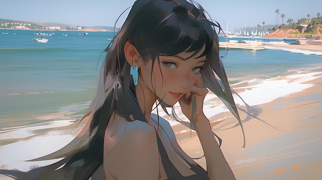 Une fille d'anime sur la plage avec ses cheveux soufflés par le vent