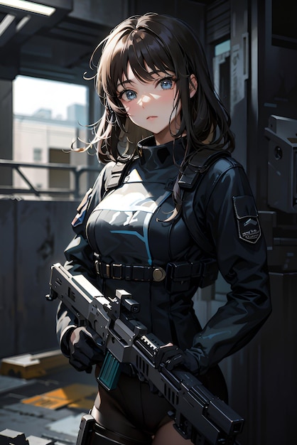 Une fille d'anime portant un uniforme de police swat avec une mitrailleuse
