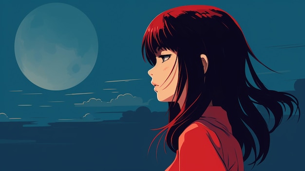 Photo une fille d'anime qui regarde la lune avec des cheveux longs