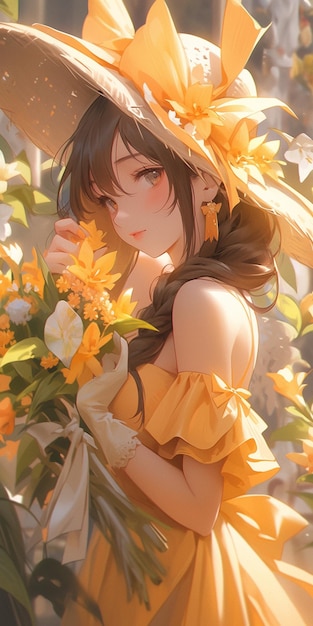 Une fille d'anime en robe jaune et chapeau tenant un bouquet de fleurs