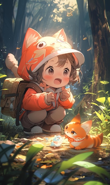 Fille d'anime avec un sac à dos et un chat dans les bois