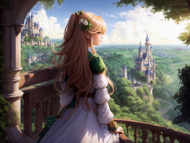 La fille de l'anime se tient sur le balcon du château