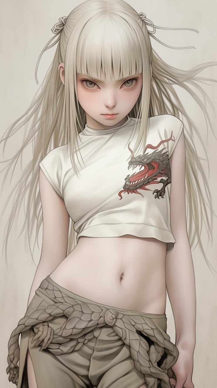Photo fille d'anime avec un tatouage de dragon sur la poitrine et l'estomac