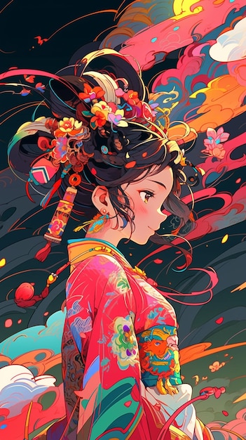 fille animée avec une coiffure colorée et un kimono rouge ai générative