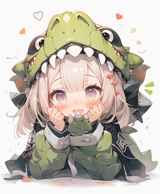 fille animée avec un costume de dragon vert assis sur le sol ai générative