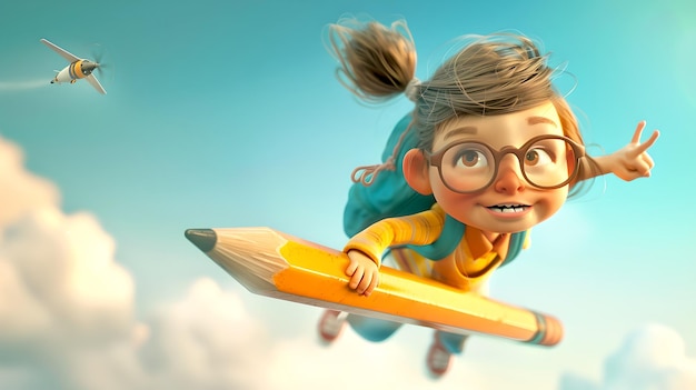 Une fille animée volant sur un crayon comme un balai de sorcière sur un fond de ciel Créativité et imagination dans l'éducation L'apprentissage joyeux représenté par l'IA